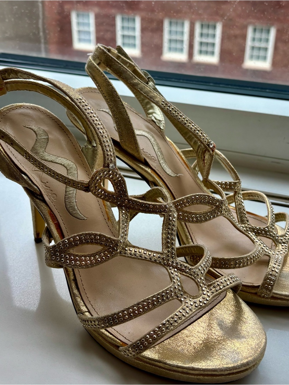Nina Gold Strappy Crystal-Trim Slingback Heels